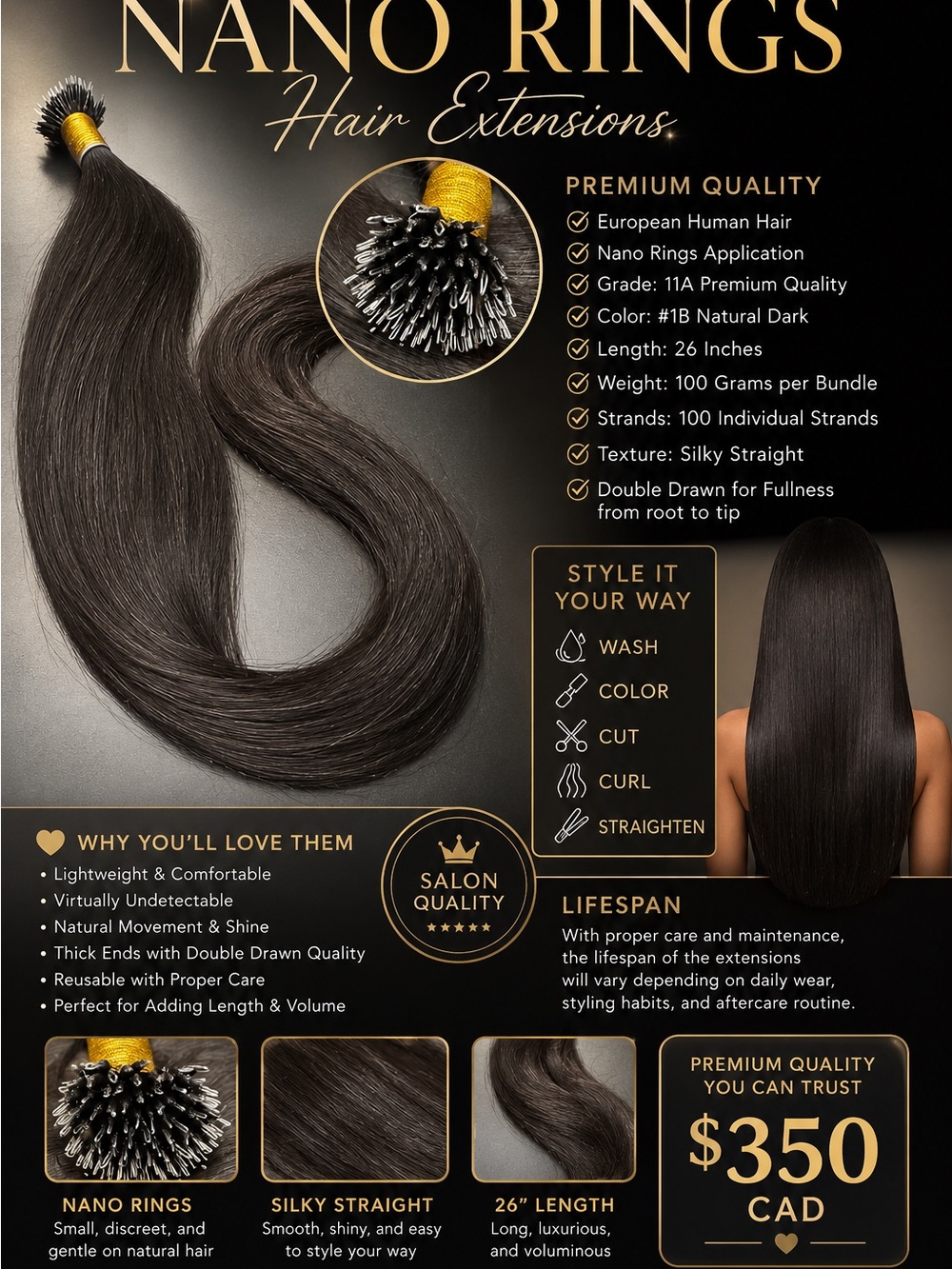 European Nano Rings Hair Extensions Premium 26”L #1B Color 100g Double Drawn